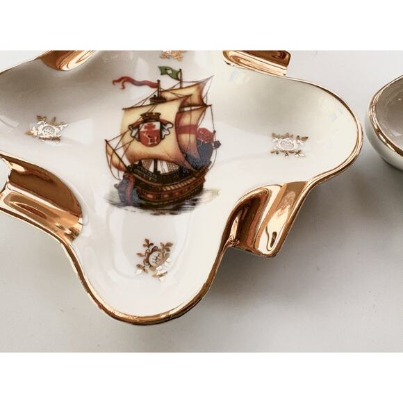 Limoges H.T. Ashtray Pair Tobacciana Gold Trim Pirate Ship Sailor Cigar Man Cave - Picture 3 of 5